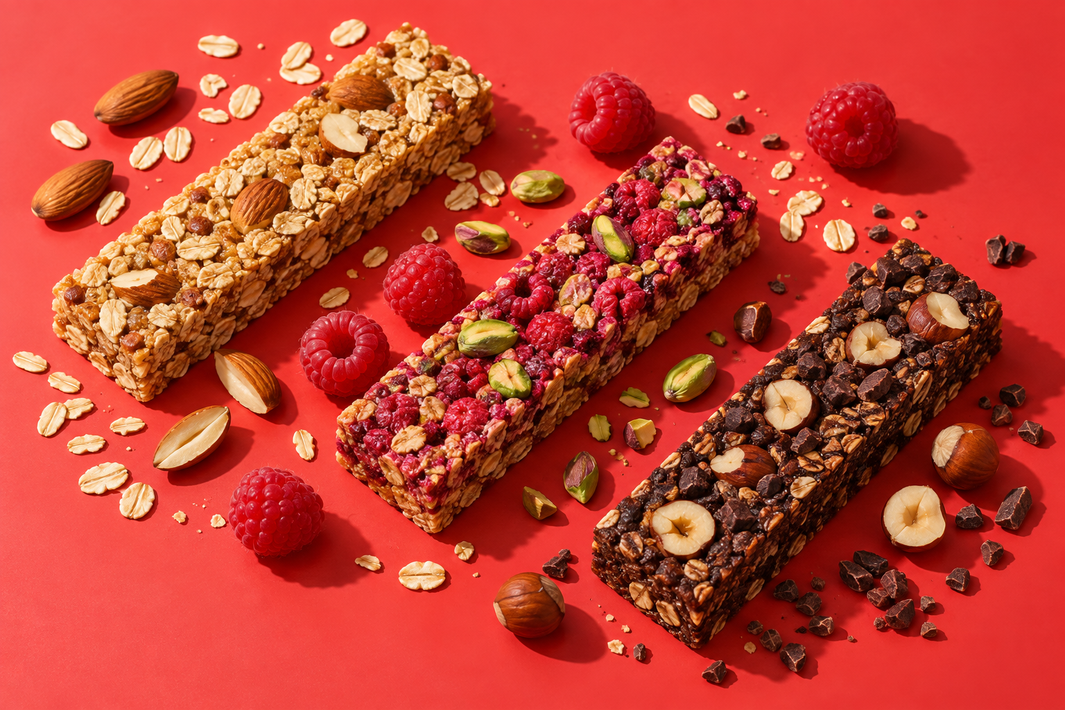 Trois barres maison aux amandes, fruits rouges et cacao, accompagnées de leurs ingrédients